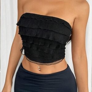 Women's Stretchy Ruffle Layered Contrast Mesh Trim Strapless Tube Top, Black, L